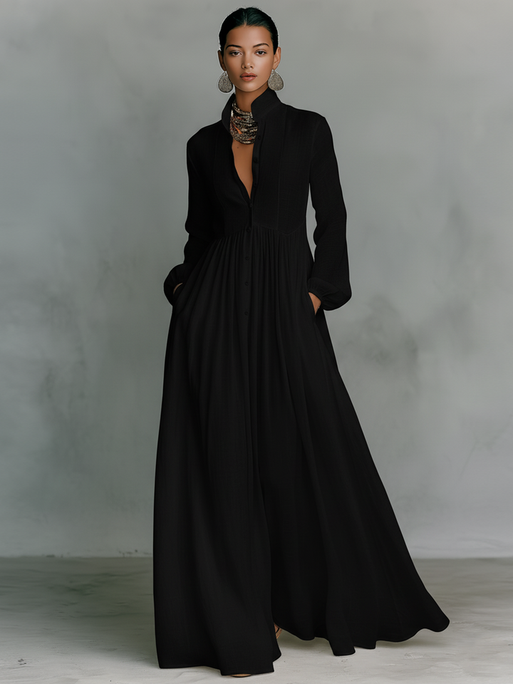 Women’s cotton-linen button maxi dress, full-length front, long sleeves, black
