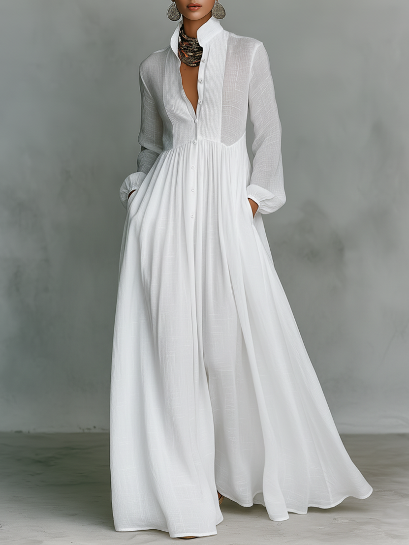 Women’s cotton-linen button maxi dress, long sleeves, V-neck, white
