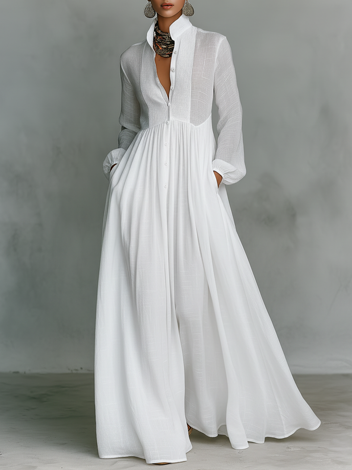 Women’s cotton-linen button maxi dress, long sleeves, V-neck, white