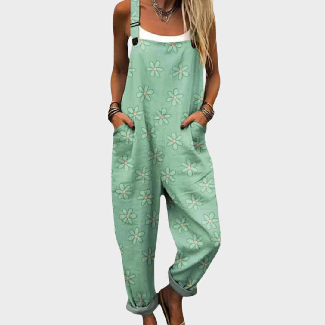 Mint green floral sleeveless relaxed-fit overall jumpsuit with wide legs