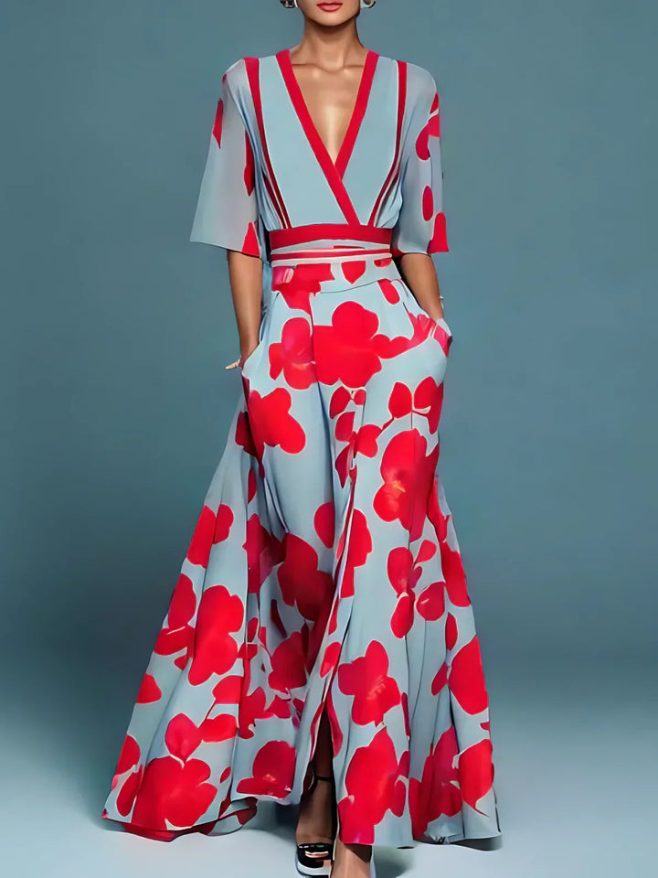 Elegant floral wrap dress, light blue with red oversized blossoms, V-neck and belt