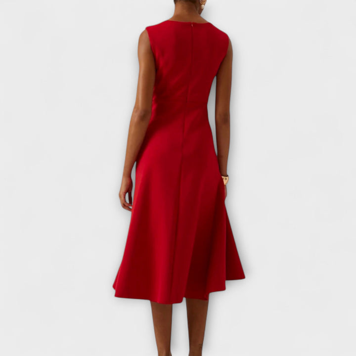 Red asymmetric draped midi dress, sleeveless with flowing A-line skirt