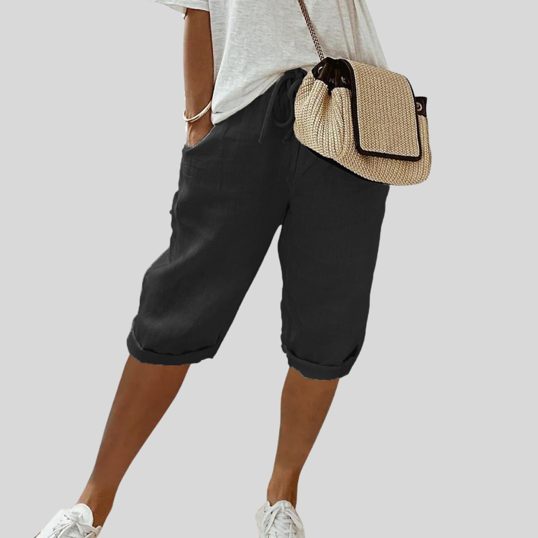 Carmen relaxed capri pants in black, drawstring waist, cuffed hems and front pockets