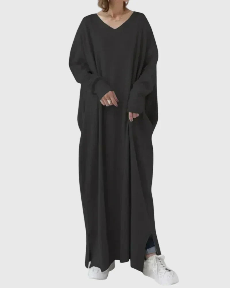 Relaxed cocoon maxi dress, black, V-neck, long sleeves, side slit hem