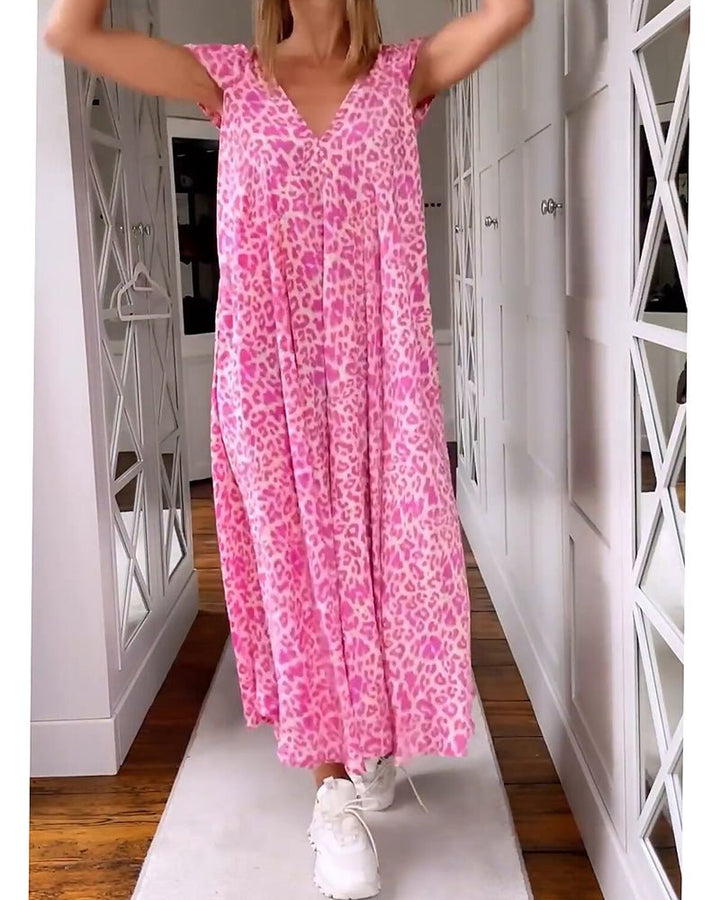 Pink leopard-print relaxed maxi dress, V-neck with flowy tiered skirt