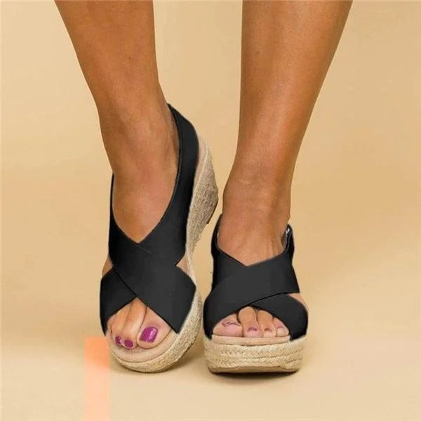 Orthopaedic espadrille wedge sandals, black cross straps on wedge sole