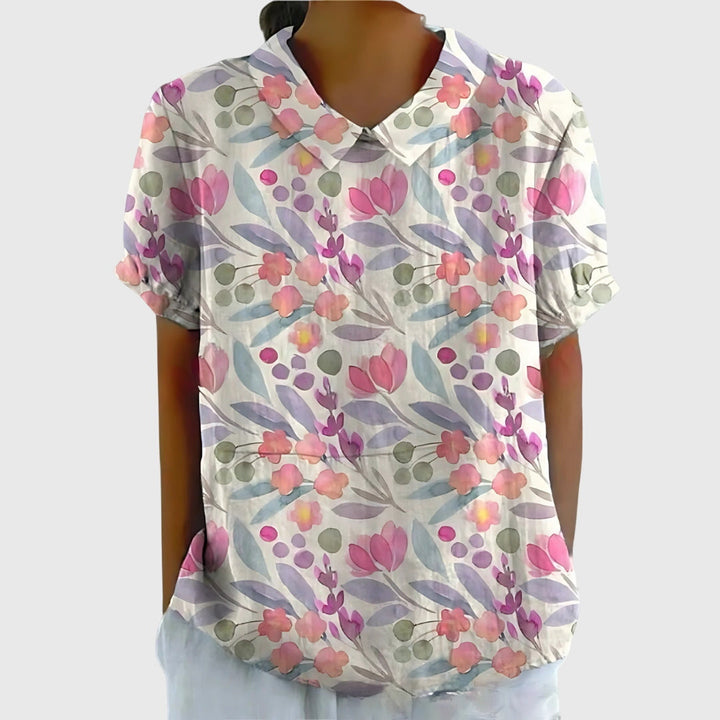 Floral collar blouse in white with pink and purple flower print, short sleeves