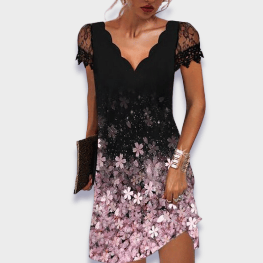 Floral print dress with black lace V-neck bodice and pink flower skirt hem slit