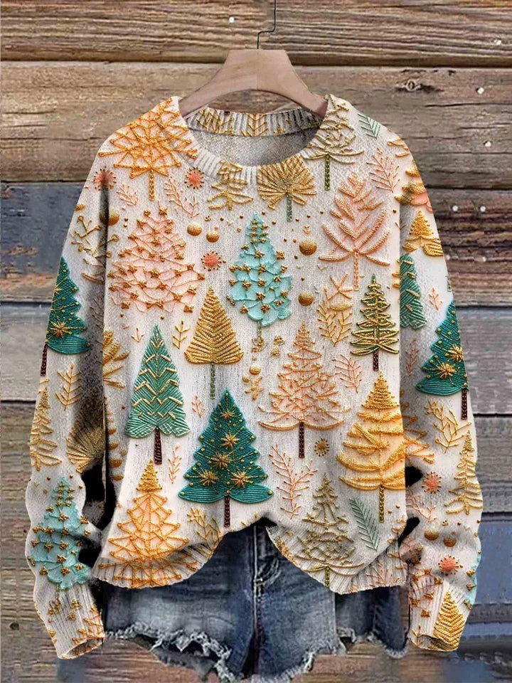 Off-white knit sweater with multicolor tree and star motifs, ribbed crew neck