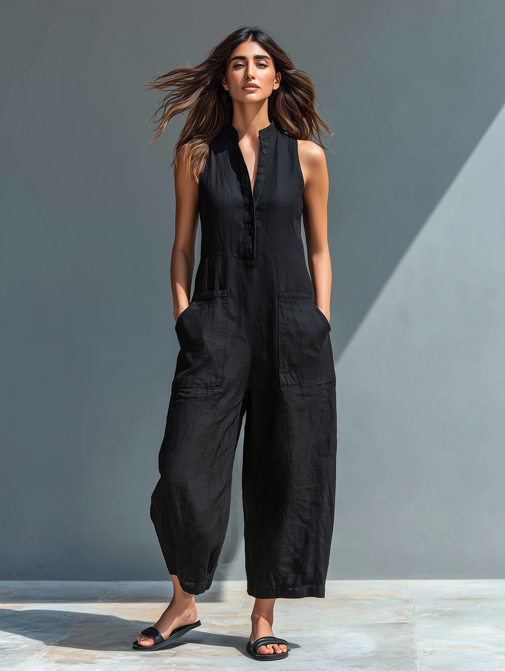 Black linen-blend button jumpsuit, sleeveless V-neck with button placket