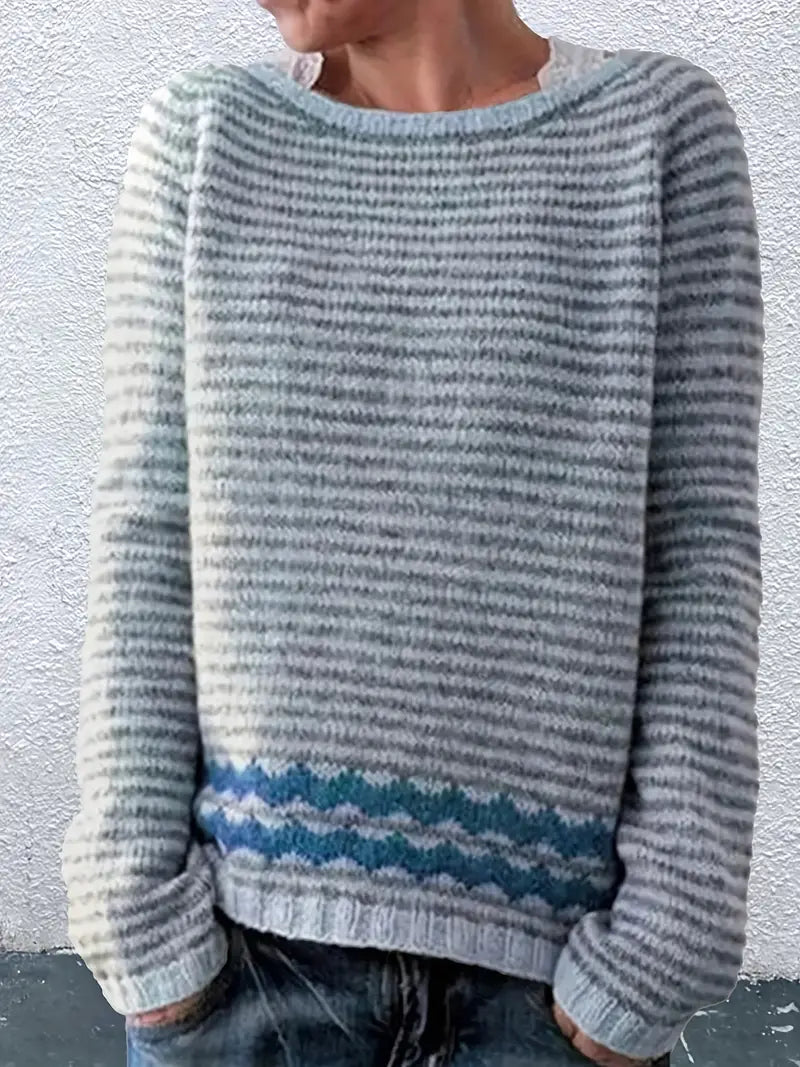 Soft stripe knit sweater in blue-gray and white with contrasting blue hem band