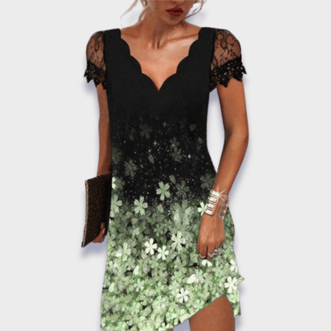 Floral print dress with black lace V-neck bodice and green flower skirt hem slit