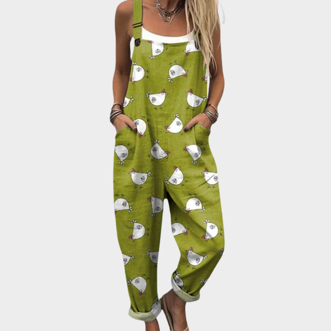 Relaxed-fit overall jumpsuit in olive green with small animal print, sleeveless