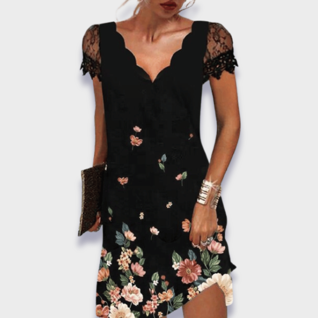 Floral print dress with black lace V-neck bodice and pink flower skirt hem slit