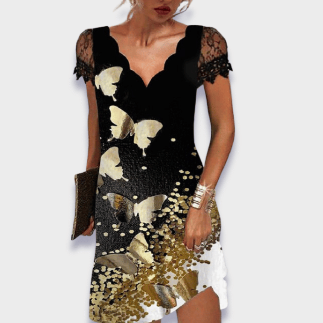 Floral print dress with black lace V-neck bodice and gold butterfly flower hem slit