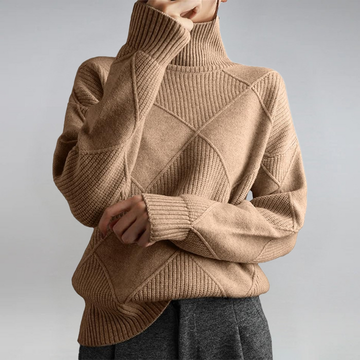 Textured knit turtleneck sweater with long sleeves and diamond stitch pattern, beige