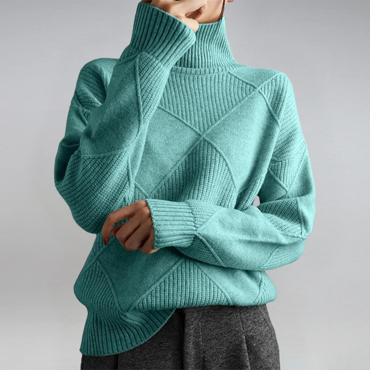 Textured knit turtleneck sweater with long sleeves and diamond stitch pattern, teal