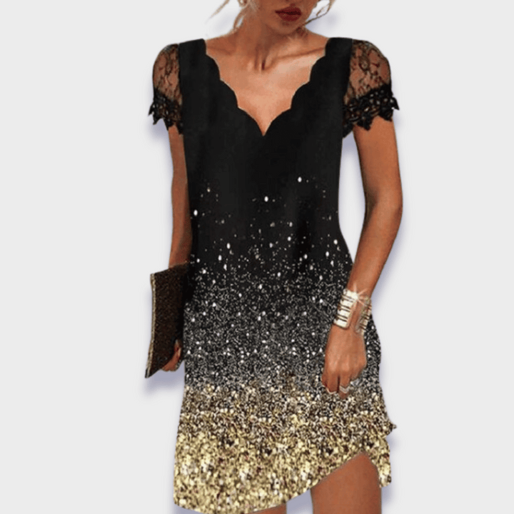 Floral print dress with black lace V-neck bodice and gold speckled skirt hem slit