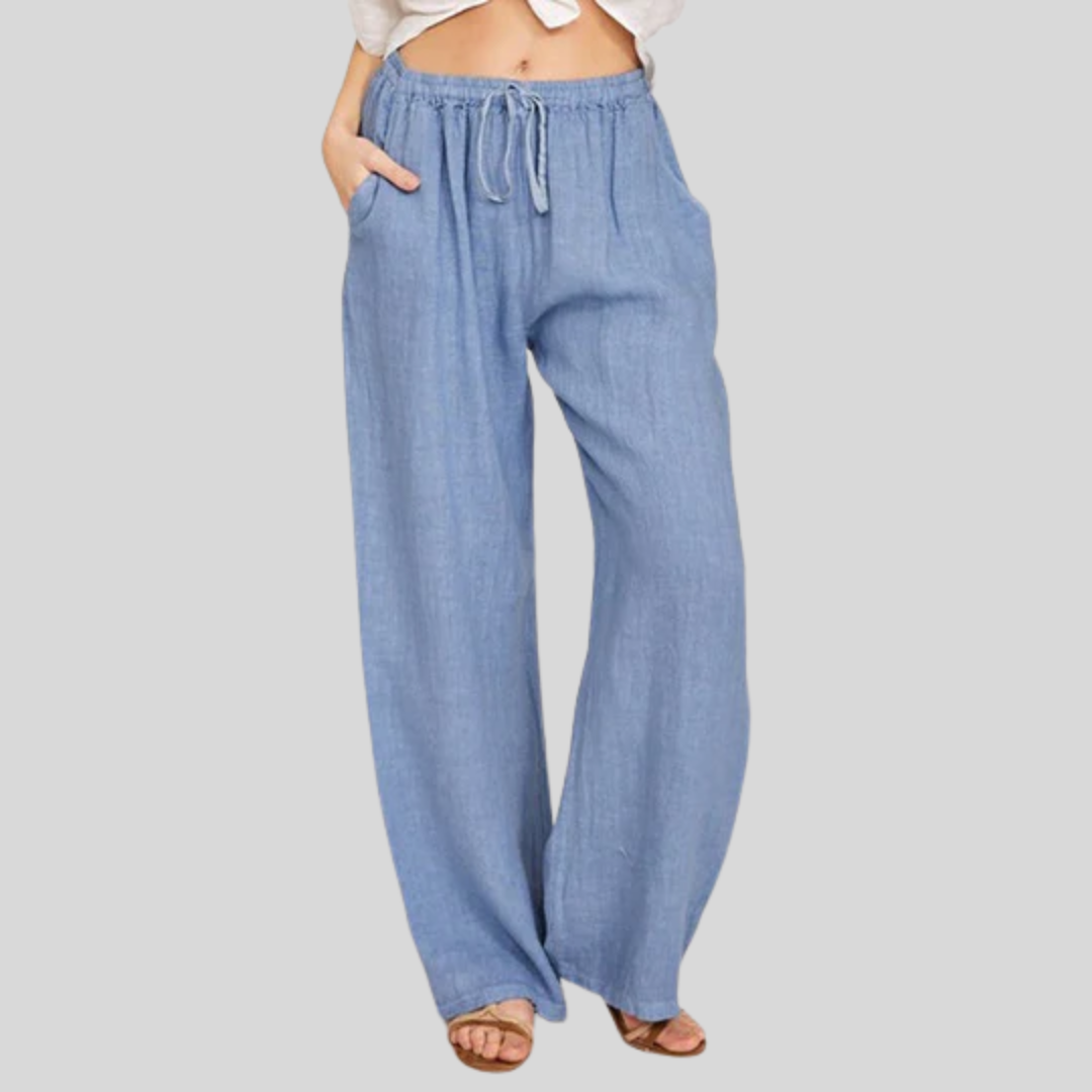 Light blue wide-leg lounge pants with elastic drawstring waist
