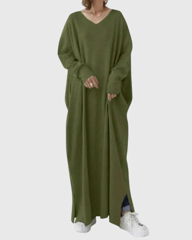Relaxed cocoon maxi dress, dark green, V-neck, long sleeves, side slit hem