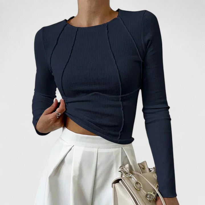 Navy ribbed seam-detail top, long sleeves, crew neck, fitted