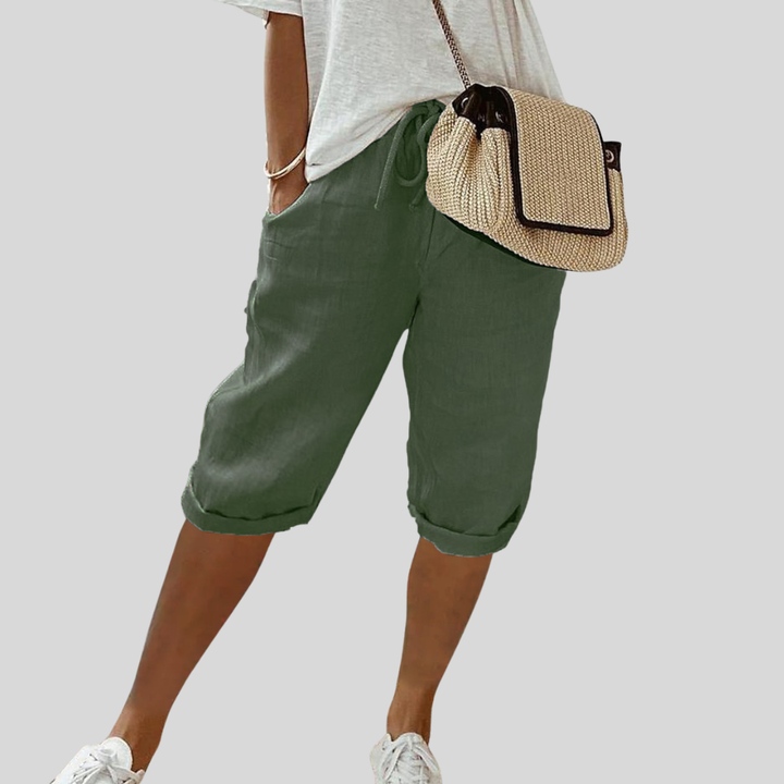 Carmen relaxed capri pants in green, drawstring waist, cuffed hems and side pockets