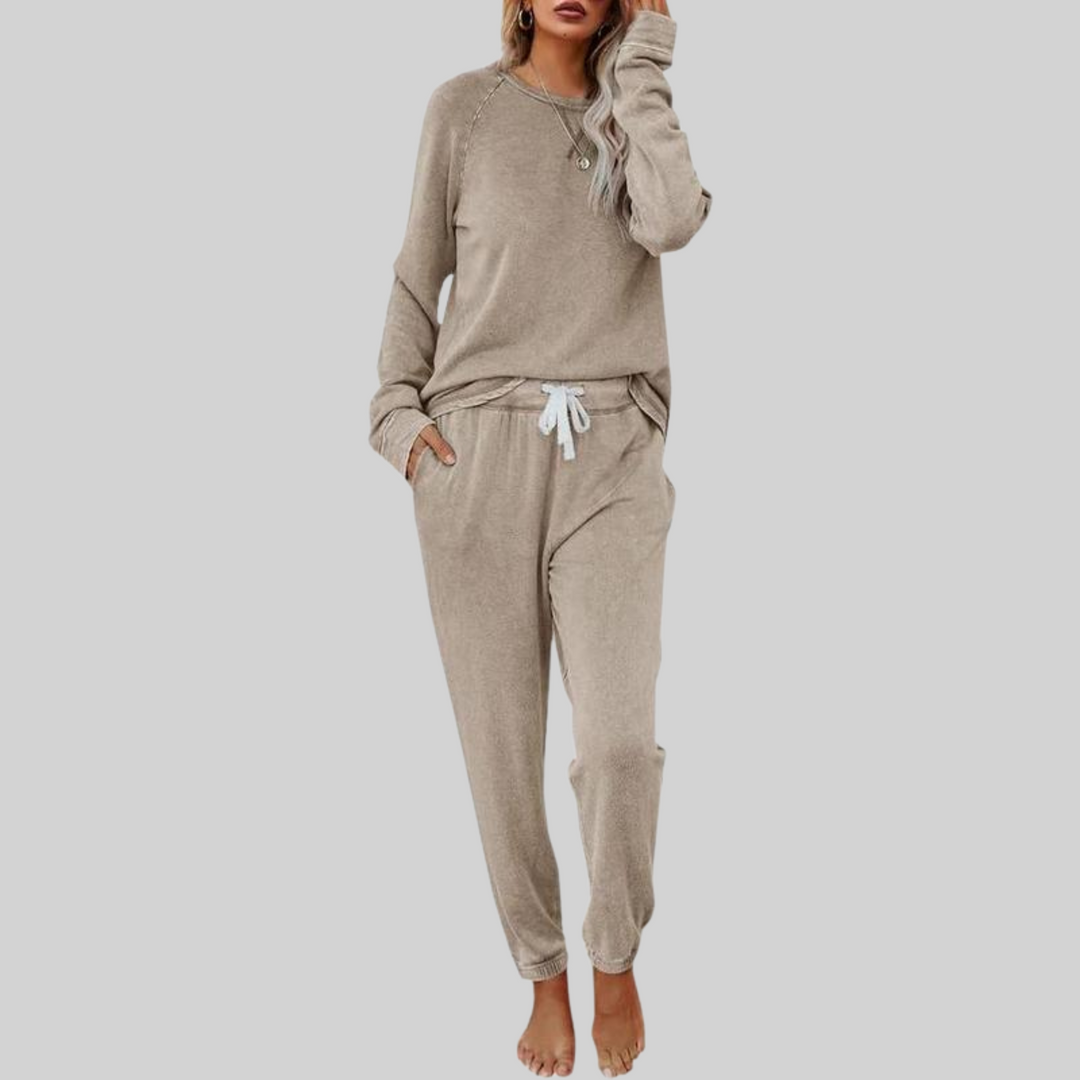 Khaki cozy lounge set: crewneck long-sleeve top and jogger pants with white drawstring.