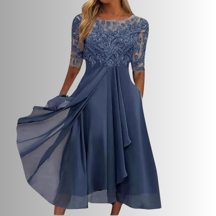 Blue lace evening dress with lace bodice, 3/4 sleeves, pleated skirt