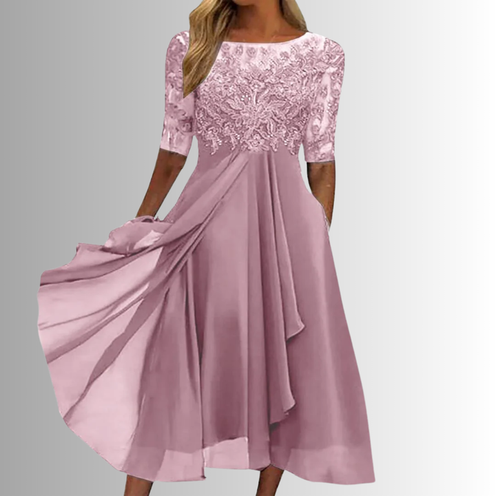 Pink lace evening dress with lace bodice, 3/4 sleeves, pleated skirt