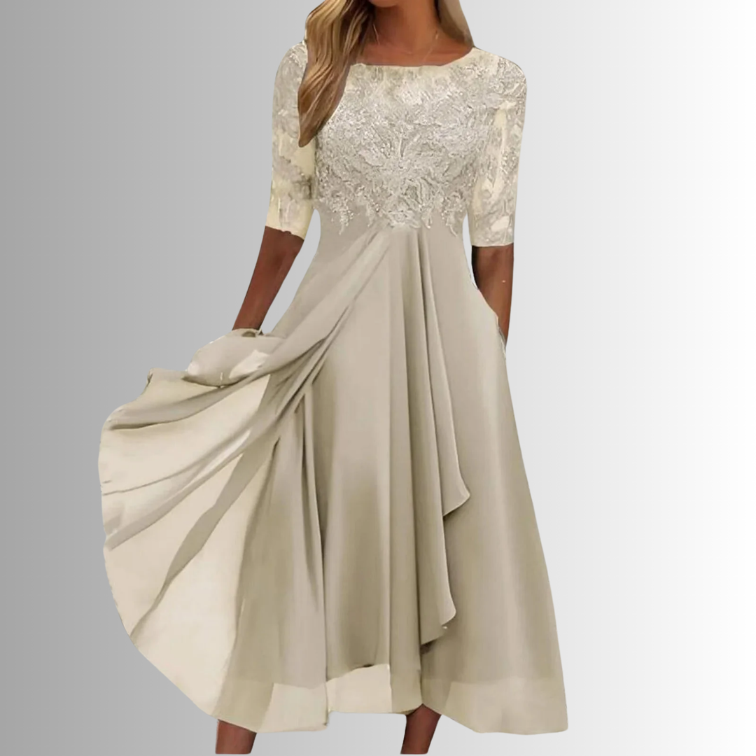 Cream lace evening dress with lace bodice, 3/4 sleeves, pleated skirt