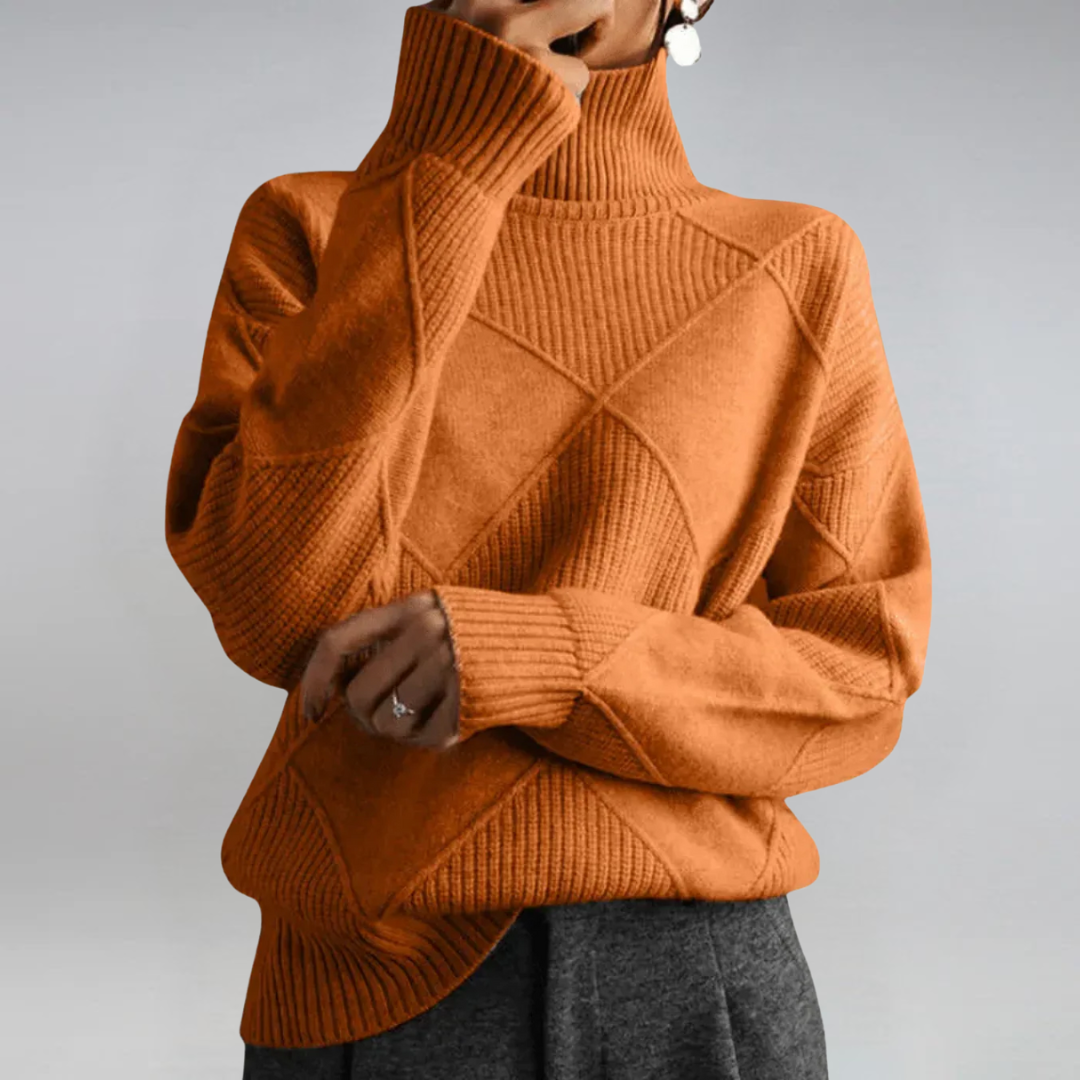 Textured knit turtleneck sweater with long sleeves and diamond stitch pattern, rust brown
