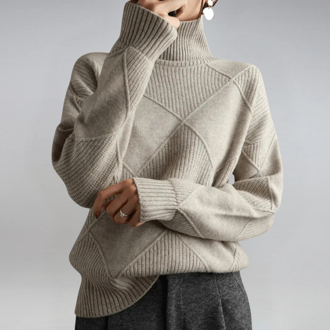 Textured knit turtleneck sweater with long sleeves and diamond stitch pattern, light gray