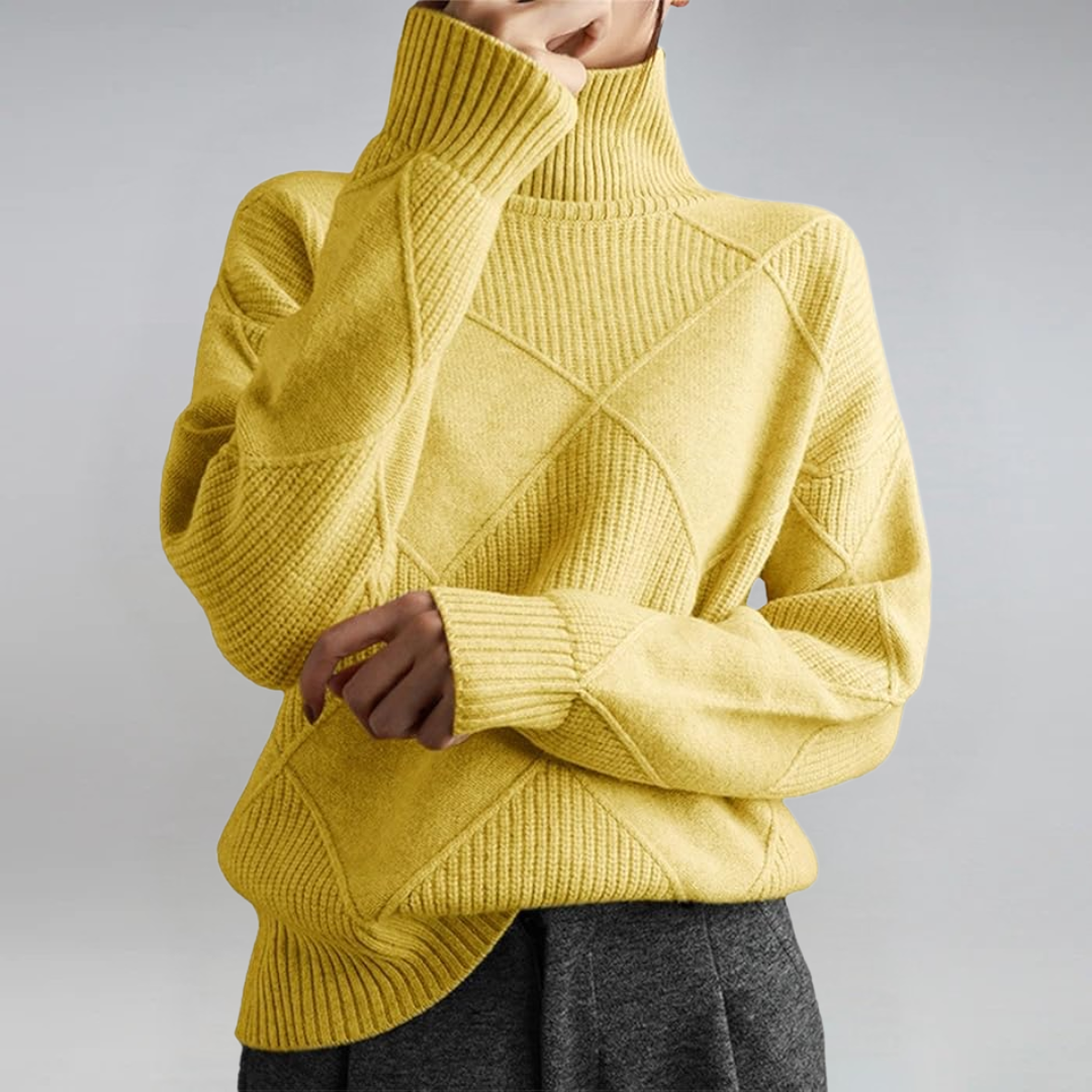 Textured knit turtleneck sweater with long sleeves and diamond stitch pattern, lime yellow
