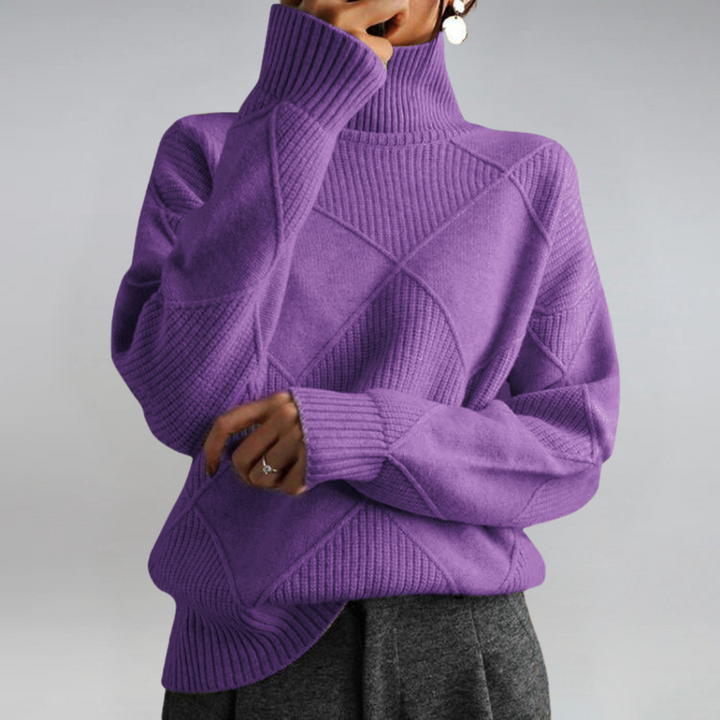 Textured knit turtleneck sweater with long sleeves and diamond stitch pattern, purple