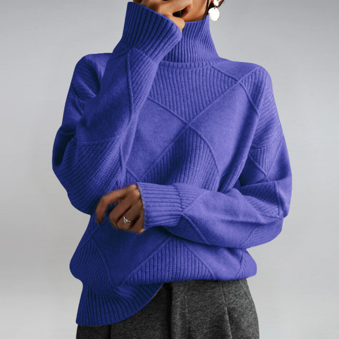 Textured knit turtleneck sweater with long sleeves and diamond stitch pattern, royal blue