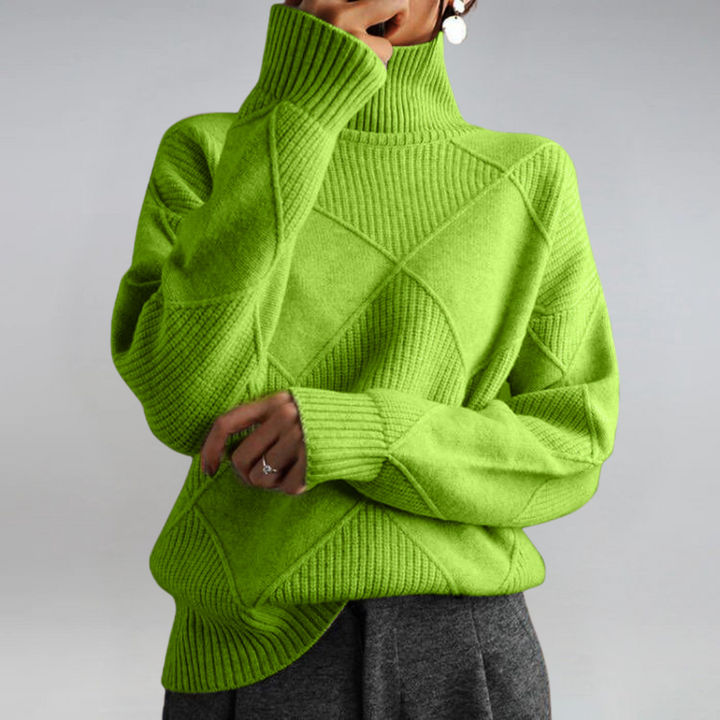 Textured knit turtleneck sweater with long sleeves and diamond stitch pattern, bright lime green
