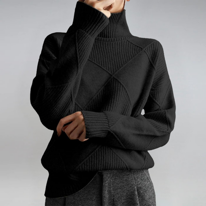 Textured knit turtleneck sweater with long sleeves and diamond stitch pattern, black