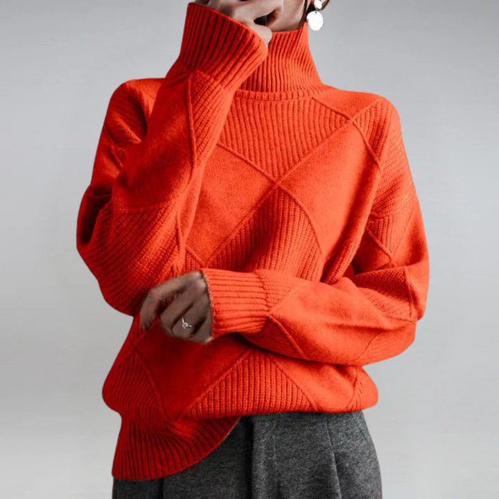 Textured knit turtleneck sweater with long sleeves and diamond stitch pattern, red