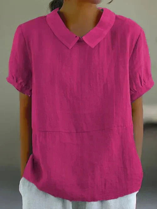 Lina soft-collar blouse, bright pink, short sleeves and pointed collar
