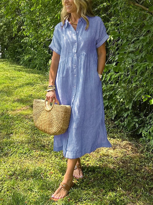Blue striped maxi dress with button front, gathered waist, and short sleeves