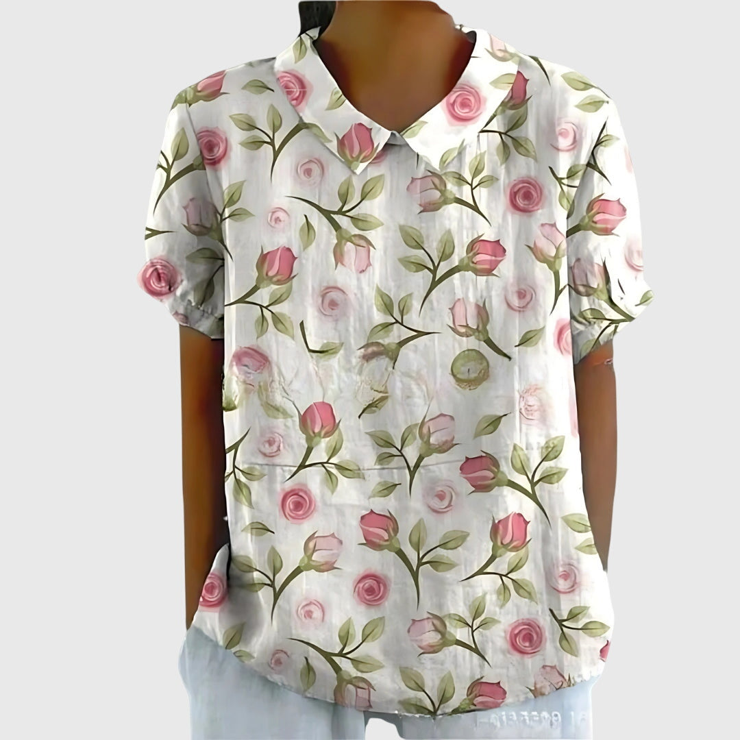Floral collar blouse in white with pink rose print, short sleeves