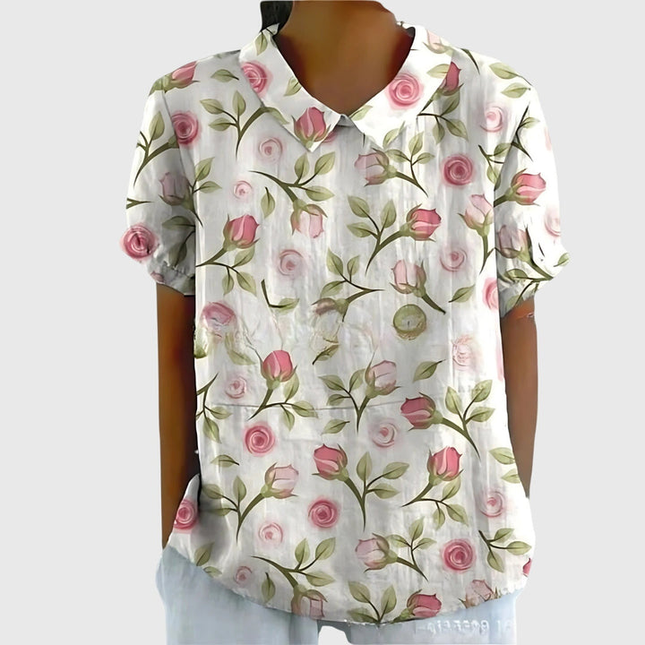 Floral collar blouse in white with pink rose print, short sleeves