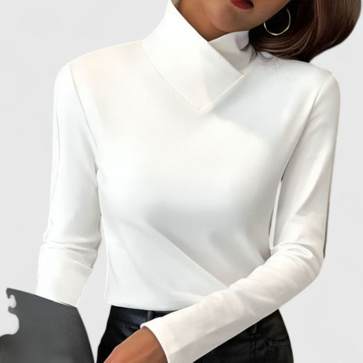 White long-sleeve asymmetrical collar top, V neckline