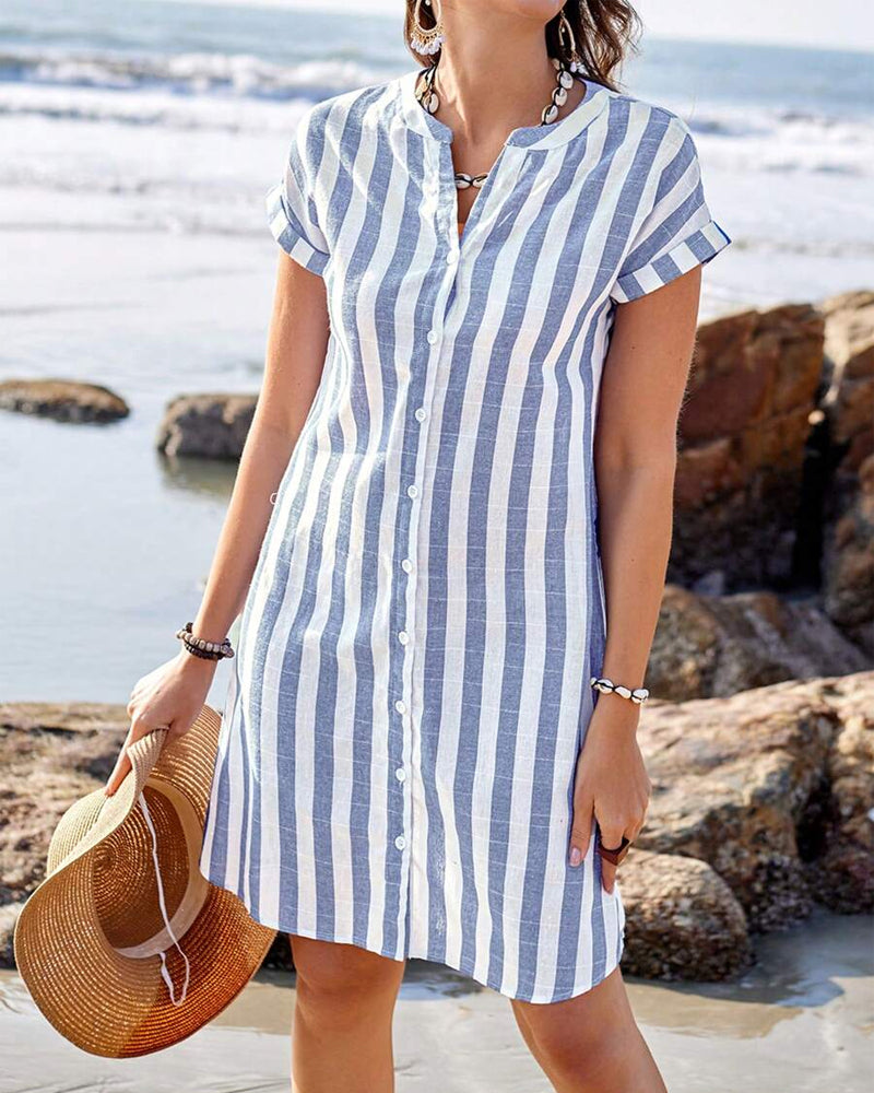 Blue-and-white striped shirt dress with short sleeves and button front