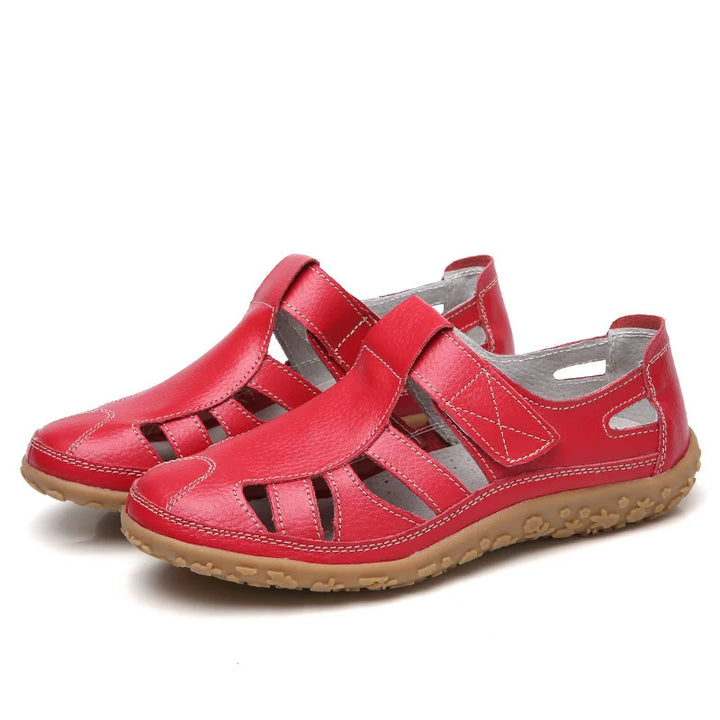 Orthopedic anti-slip sandals, red leather upper with open toe and adjustable straps