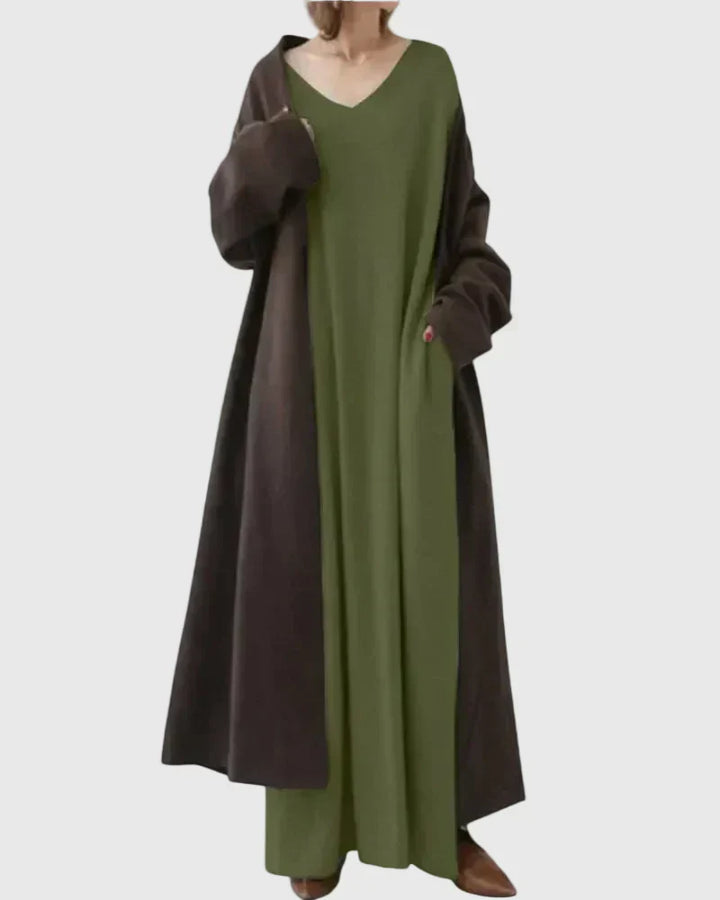 Relaxed cocoon maxi dress, dark green V-neck, long sleeves, side slit hem with dark drape