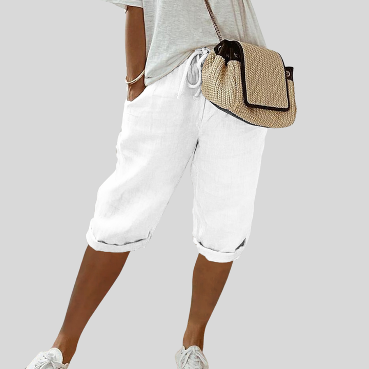 Carmen relaxed capri pants in white, drawstring waist with cuffed hems