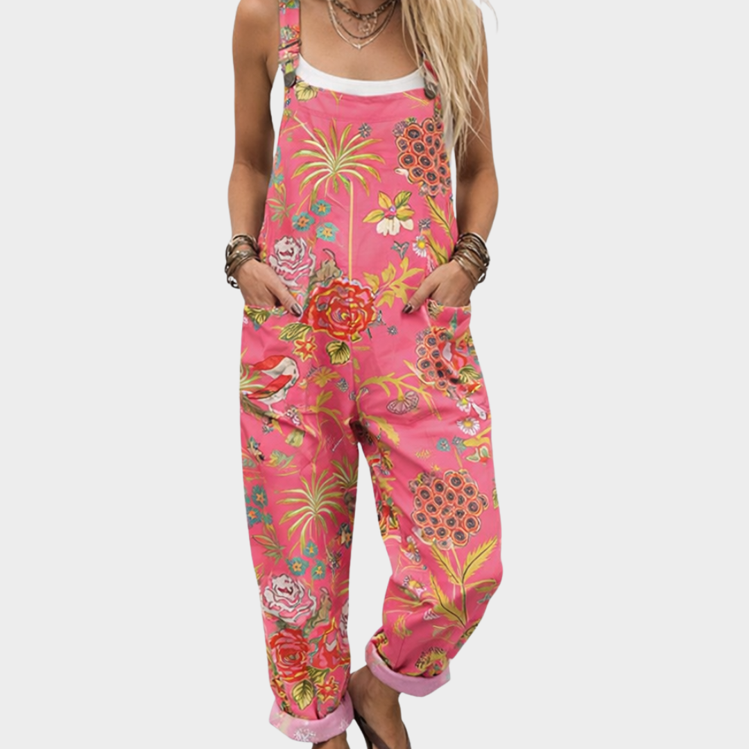 Pink floral printed relaxed-fit overall jumpsuit with adjustable straps and bib front