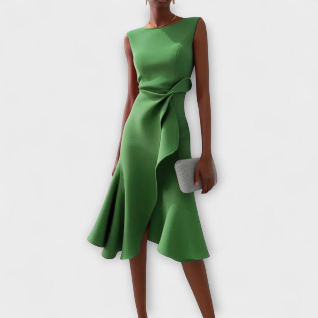 Green asymmetric draped midi dress, sleeveless with knot at waist and flared skirt