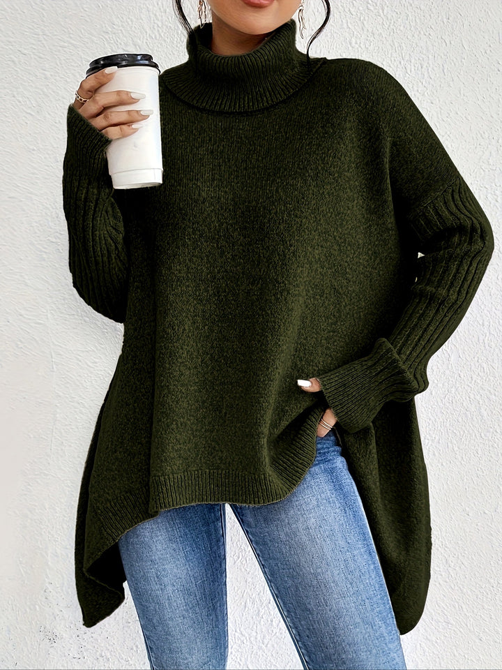 Olive green oversized turtleneck sweater with ribbed turtleneck, cuffs, and curved high-low hem